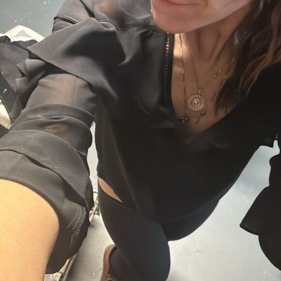 Black Sheer Marciano Bell Sleeve Ruffle Blouse - Picture 1 of 9